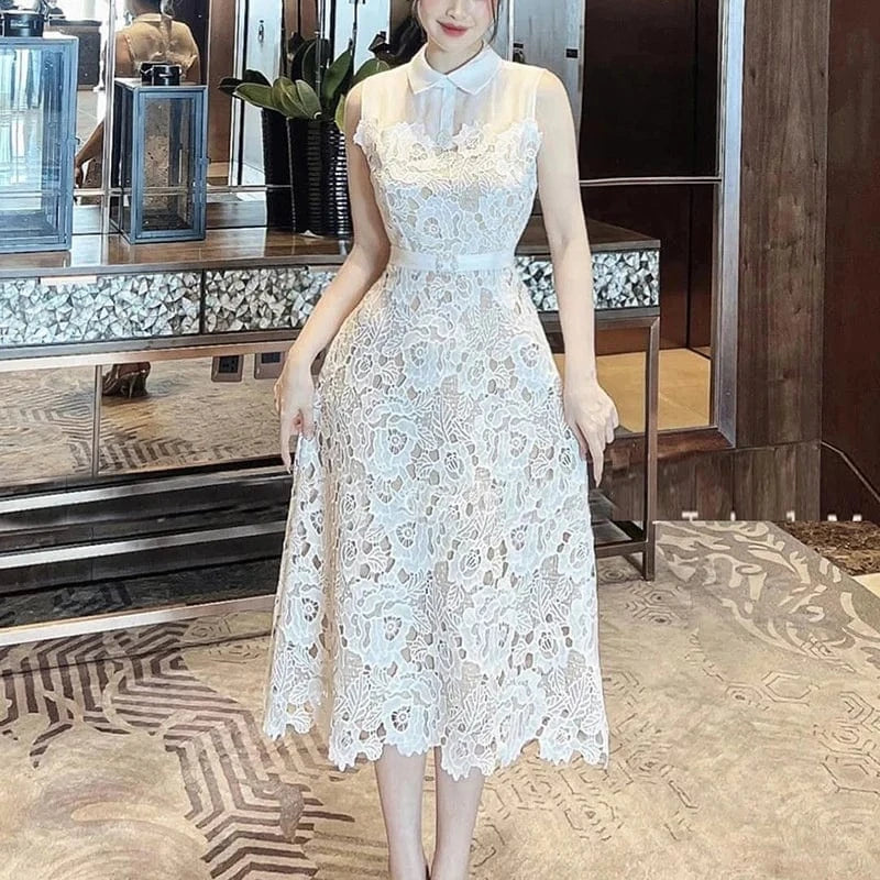 Summer New Lace Dress Women's Light Luxury Embroidery Fashion Waist Pulling Dress