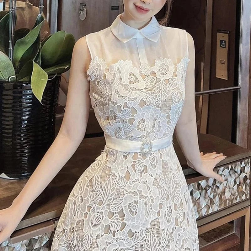 Summer New Lace Dress Women's Light Luxury Embroidery Fashion Waist Pulling Dress