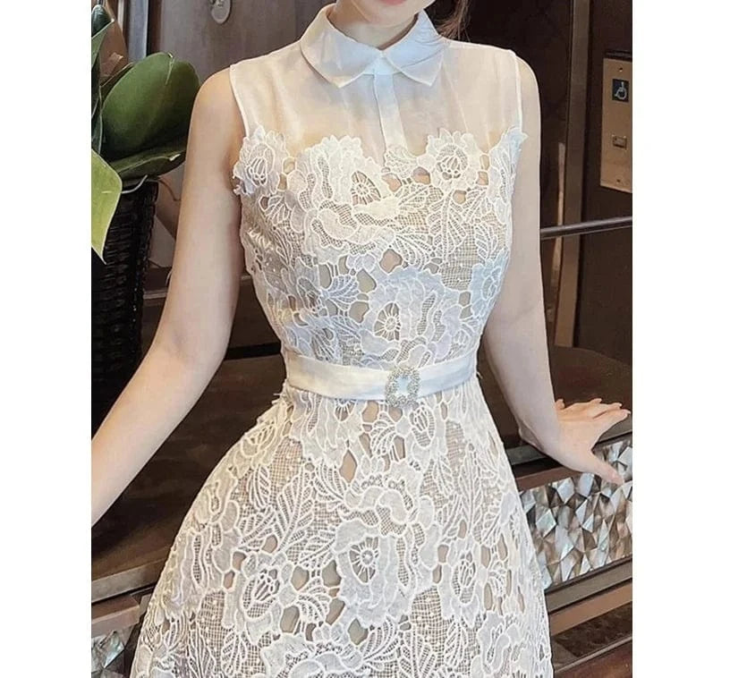 Summer New Lace Dress Women's Light Luxury Embroidery Fashion Waist Pulling Dress