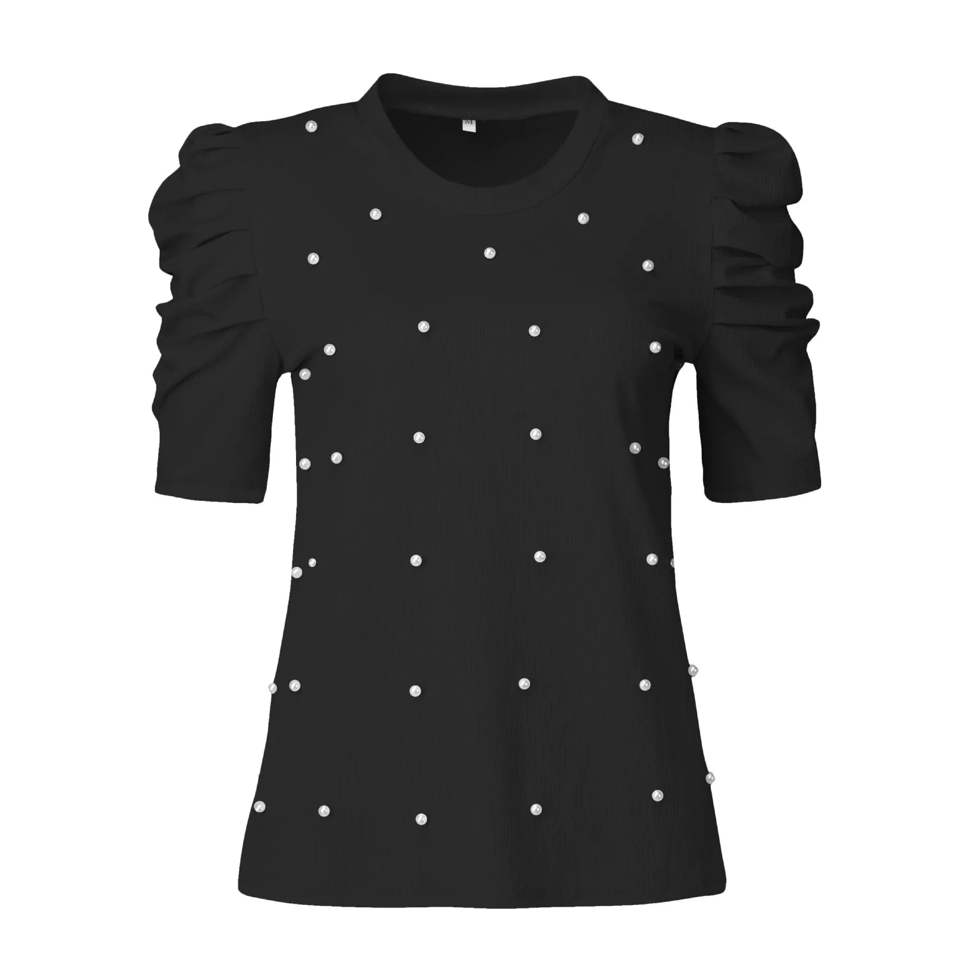 Summer New Pearl Bubble Sleeves slim-Fit Pit Strip Top Women's Short-Sleeved Crew Neck T-shirt