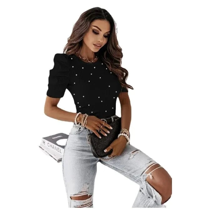 Summer New Pearl Bubble Sleeves slim-Fit Pit Strip Top Women's Short-Sleeved Crew Neck T-shirt