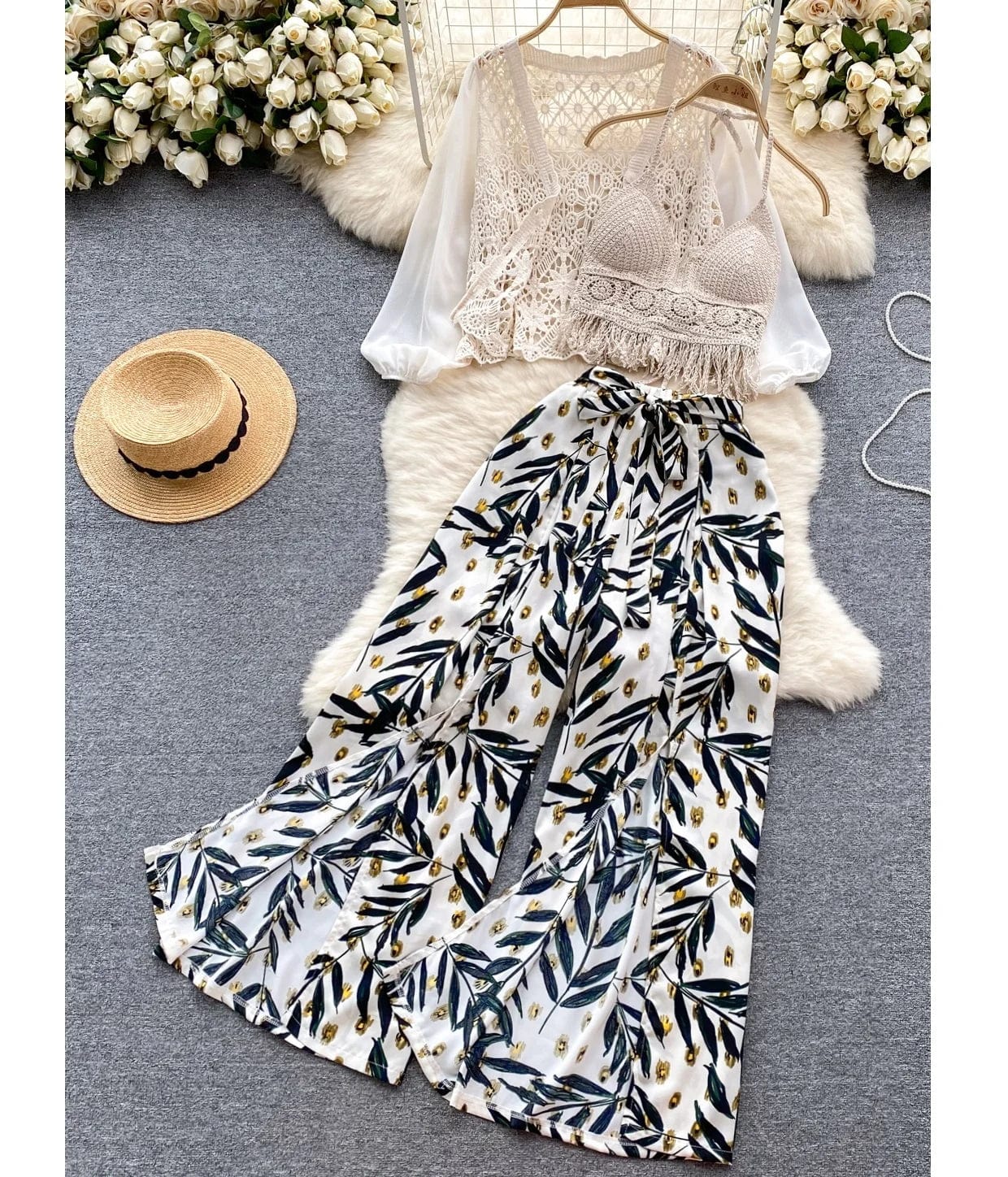 Summer New Seaside Degree style Woman Ruffle Camisole Undershirt Pants Two-Piece Set