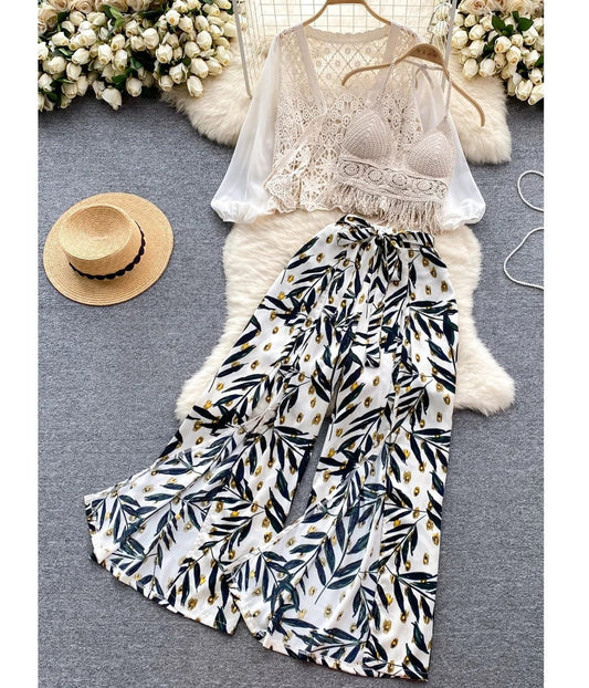 Summer New Seaside Degree style Woman Ruffle Camisole Undershirt Pants Two-Piece Set