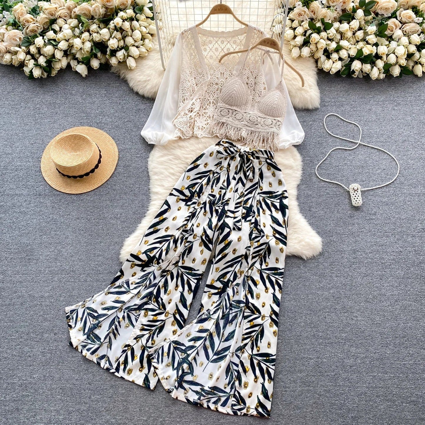 Summer New Seaside Degree style Woman Ruffle Camisole Undershirt Pants Two-Piece Set