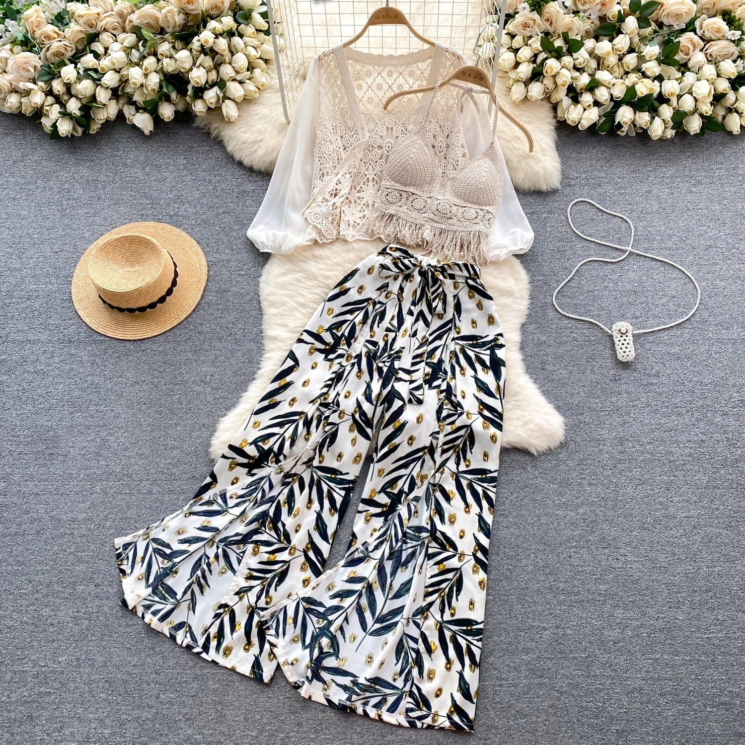 Summer New Seaside Degree style Woman Ruffle Camisole Undershirt Pants Two-Piece Set