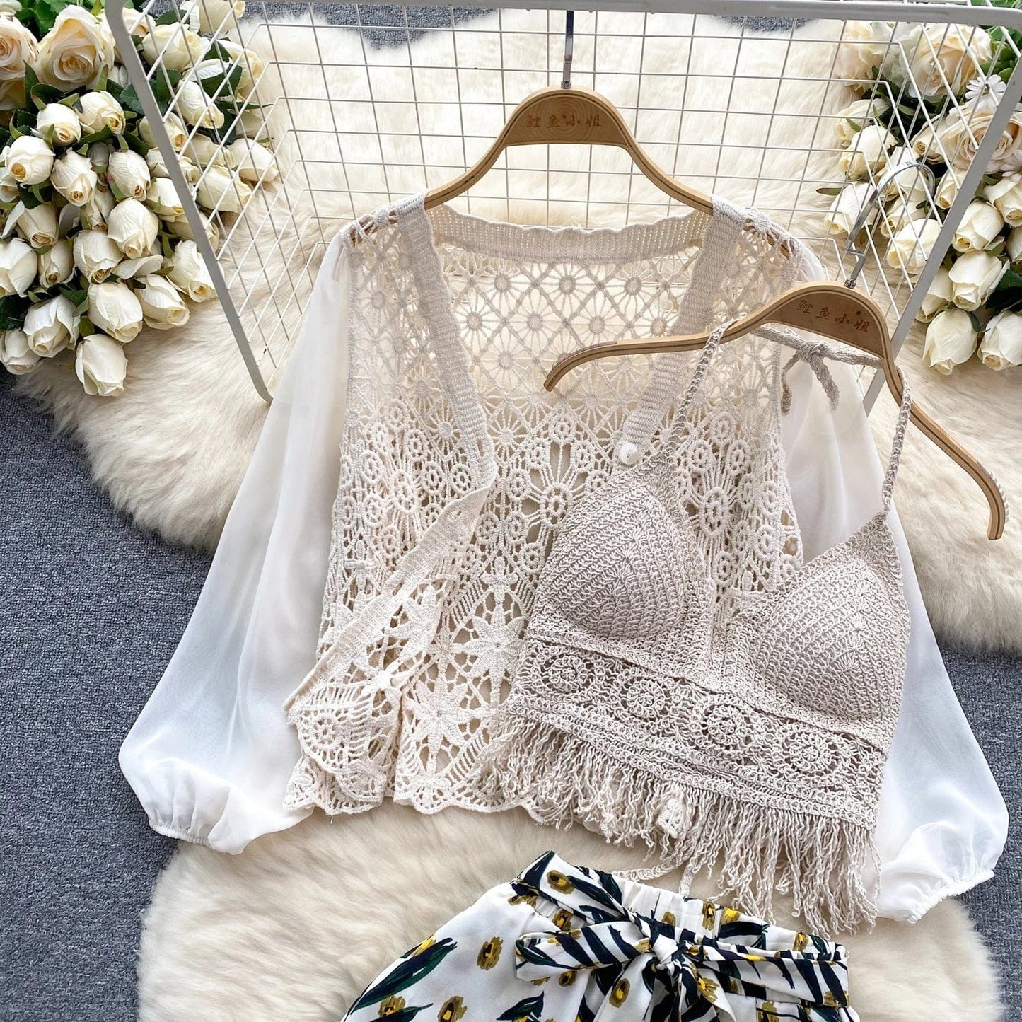 Summer New Seaside Degree style Woman Ruffle Camisole Undershirt Pants Two-Piece Set