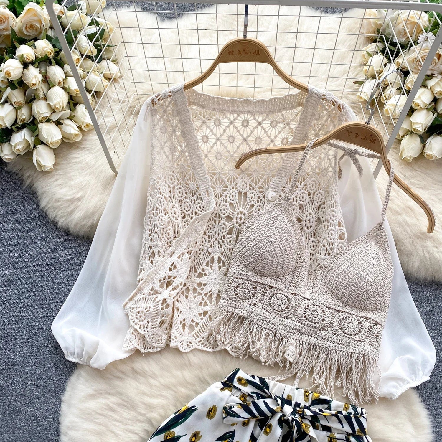 Summer New Seaside Degree style Woman Ruffle Camisole Undershirt Pants Two-Piece Set