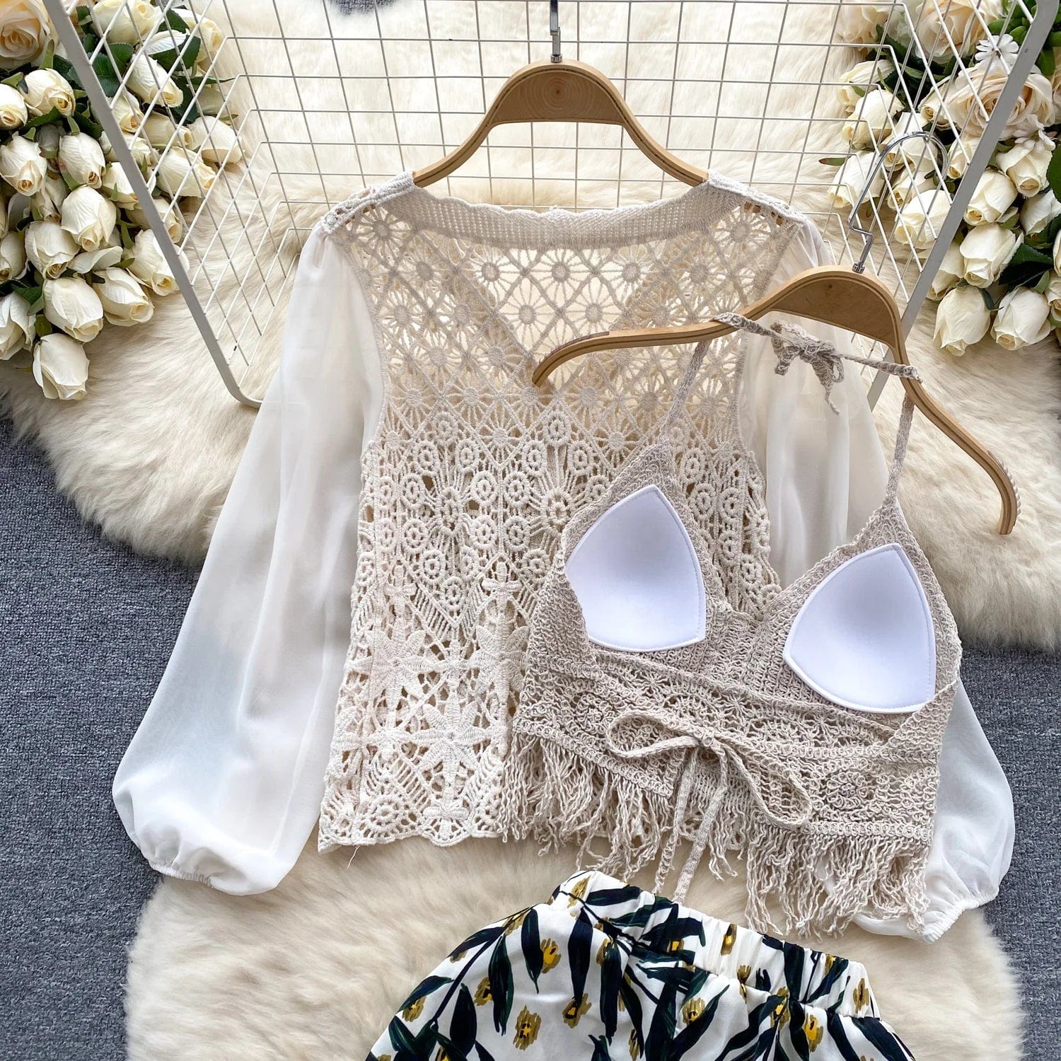 Summer New Seaside Degree style Woman Ruffle Camisole Undershirt Pants Two-Piece Set