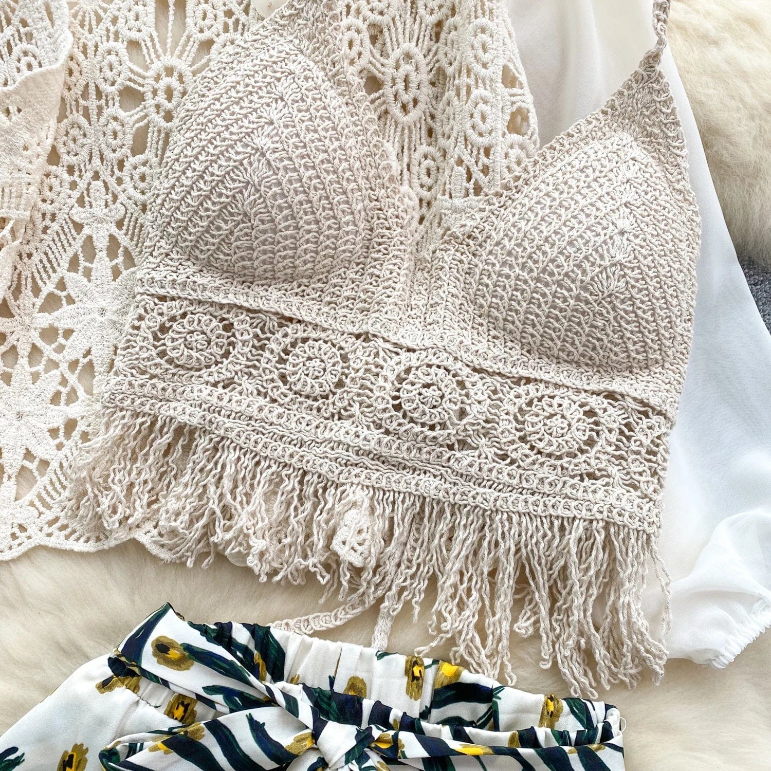 Summer New Seaside Degree style Woman Ruffle Camisole Undershirt Pants Two-Piece Set