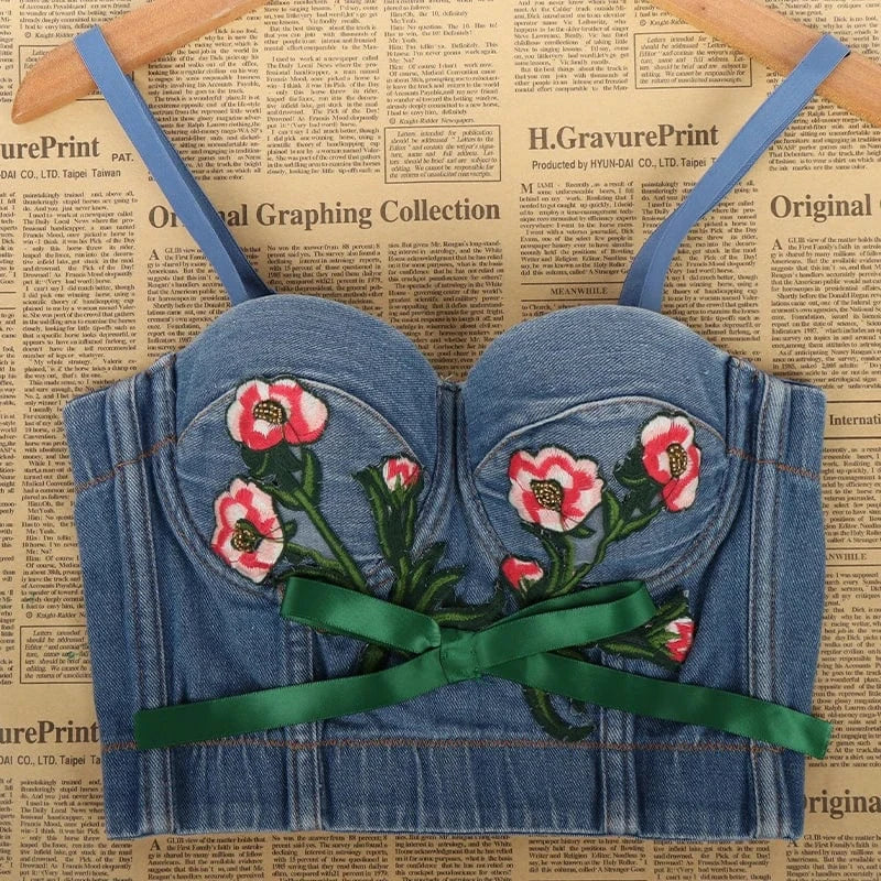 Summer New Sexy Denim Tops Roses pattern embroidery Cowboy Sling corset,Ideal for parties