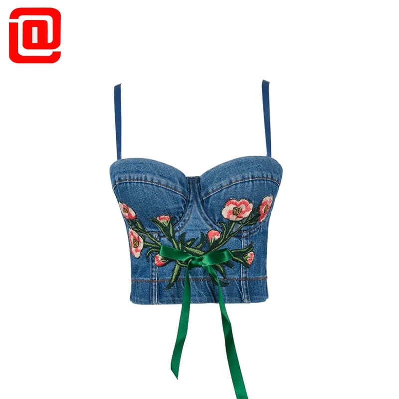 Summer New Sexy Denim Tops Roses pattern embroidery Cowboy Sling corset,Ideal for parties