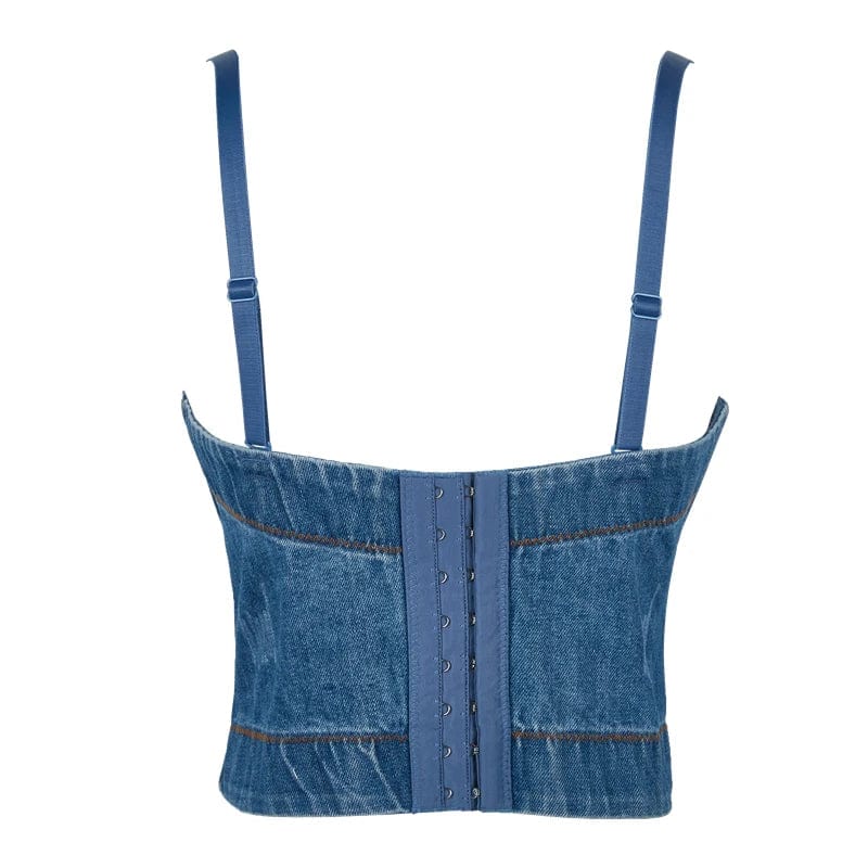 Summer New Sexy Denim Tops Roses pattern embroidery Cowboy Sling corset,Ideal for parties