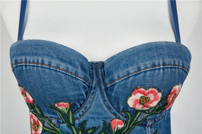 Summer New Sexy Denim Tops Roses pattern embroidery Cowboy Sling corset,Ideal for parties