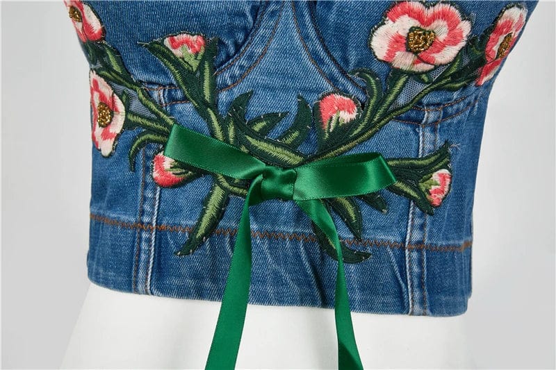 Summer New Sexy Denim Tops Roses pattern embroidery Cowboy Sling corset,Ideal for parties