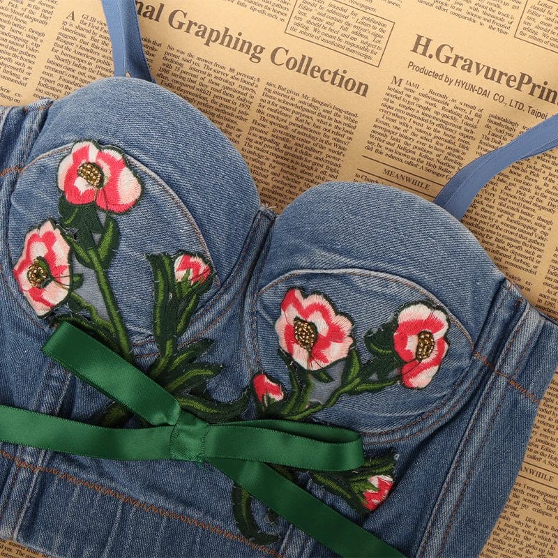 Summer New Sexy Denim Tops Roses pattern embroidery Cowboy Sling corset,Ideal for parties