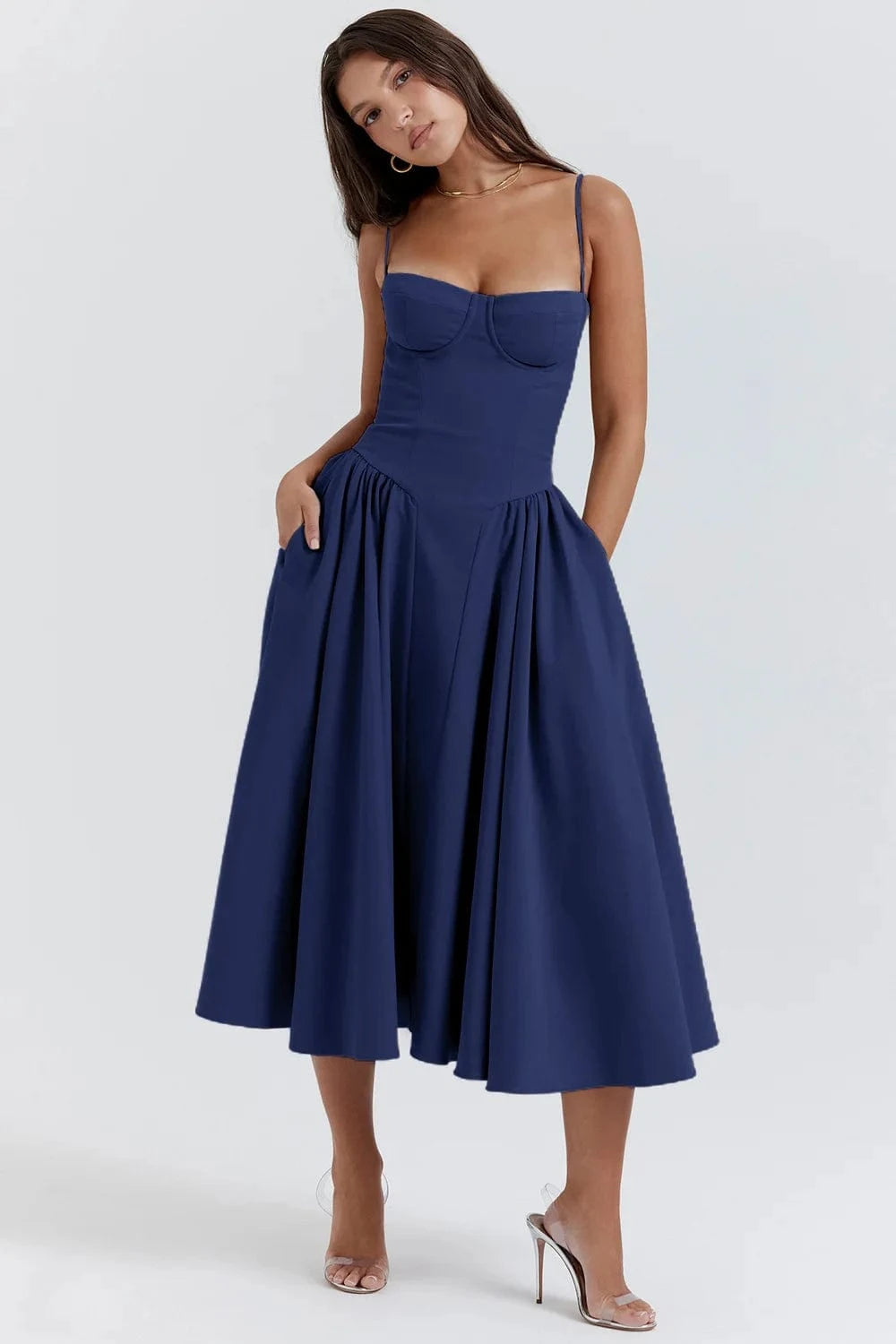 Summer New style suspender dress French retro Long skirt Solid color Printing wearing suspender Dress women