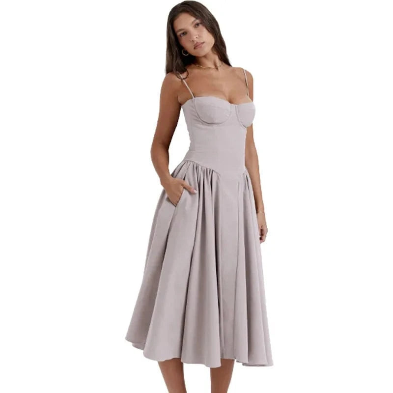 Summer New style suspender dress French retro Long skirt Solid color Printing wearing suspender Dress women