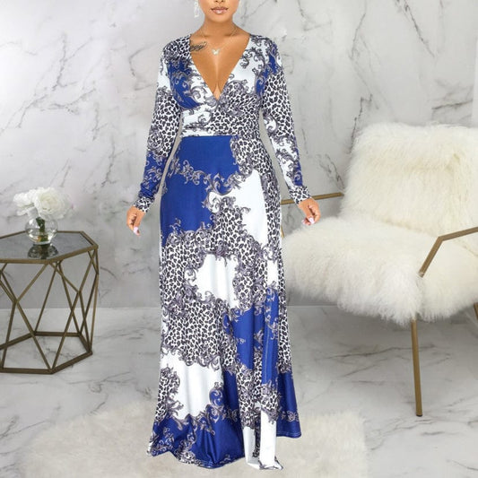 Summer New V Neck High Waist Printed Floral African Women Casual Dress