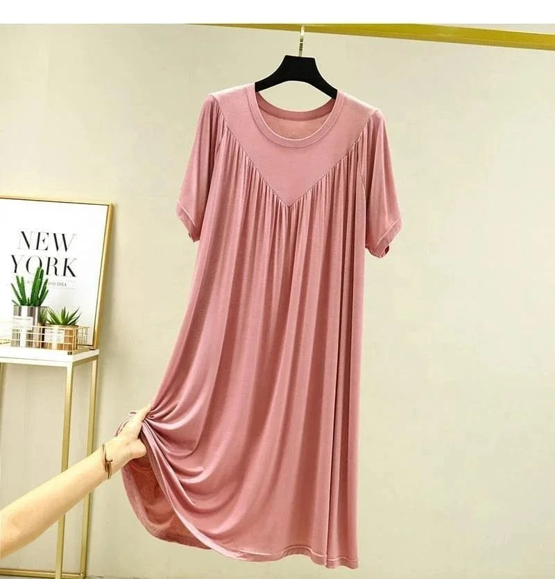 Summer New Women'S Loose Versatile Short-Sleeved Round Neck Long Nightgown Solid Color Dresses