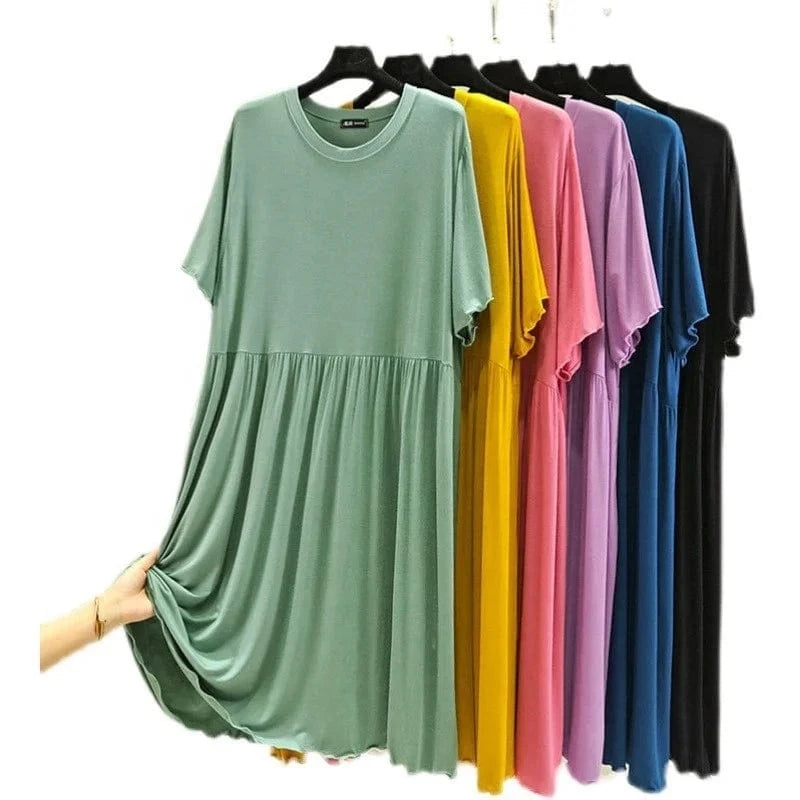 Summer New Women'S Loose Versatile Short-Sleeved Round Neck Long Nightgown Solid Color Dresses