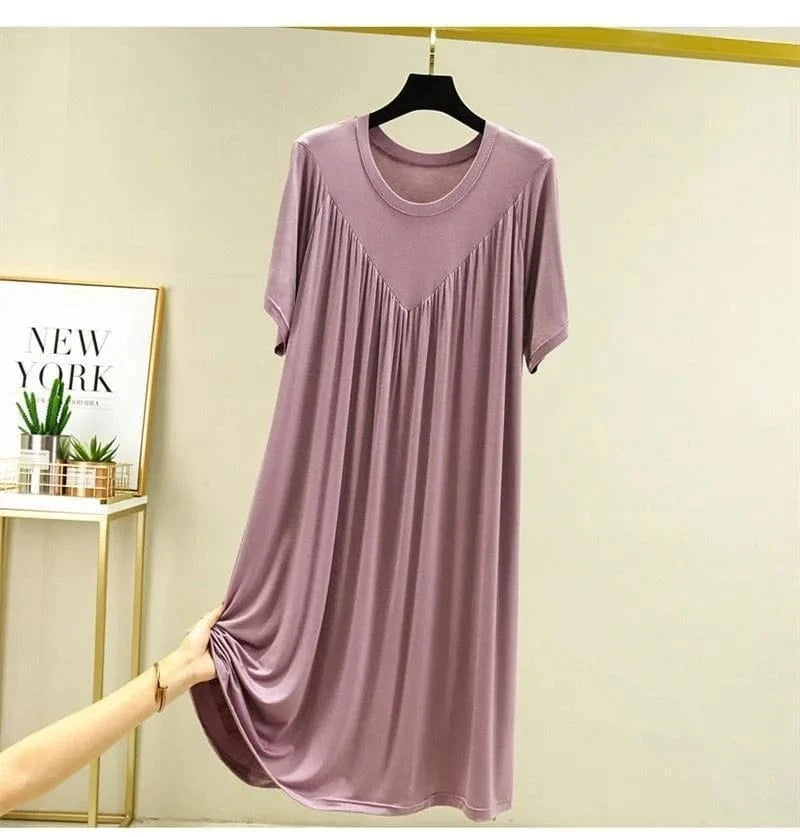 Summer New Women'S Loose Versatile Short-Sleeved Round Neck Long Nightgown Solid Color Dresses
