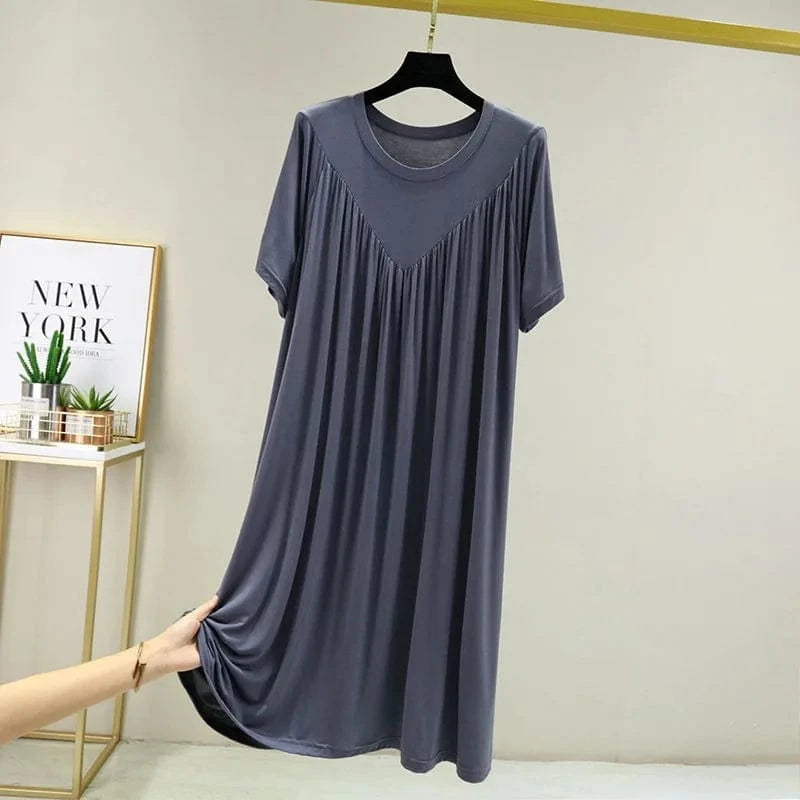 Summer New Women'S Loose Versatile Short-Sleeved Round Neck Long Nightgown Solid Color Dresses