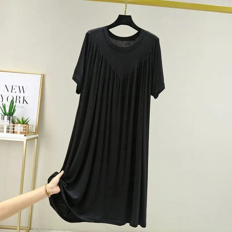 Summer New Women'S Loose Versatile Short-Sleeved Round Neck Long Nightgown Solid Color Dresses