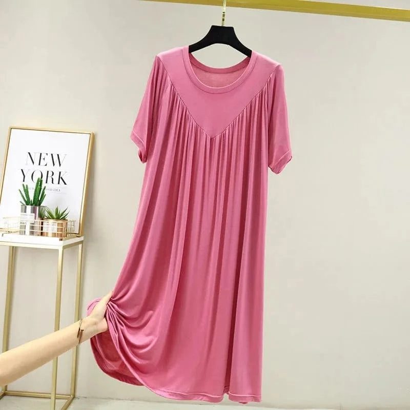 Summer New Women'S Loose Versatile Short-Sleeved Round Neck Long Nightgown Solid Color Dresses