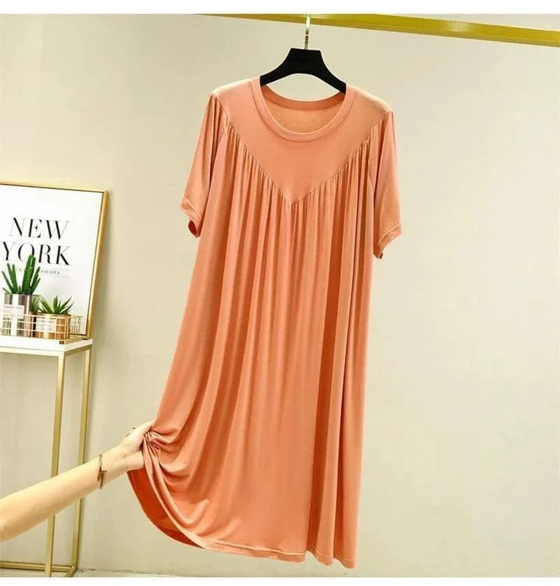 Summer New Women'S Loose Versatile Short-Sleeved Round Neck Long Nightgown Solid Color Dresses