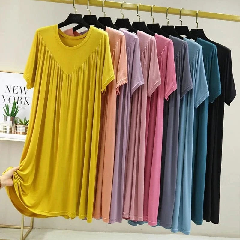 Summer New Women'S Loose Versatile Short-Sleeved Round Neck Long Nightgown Solid Color Dresses