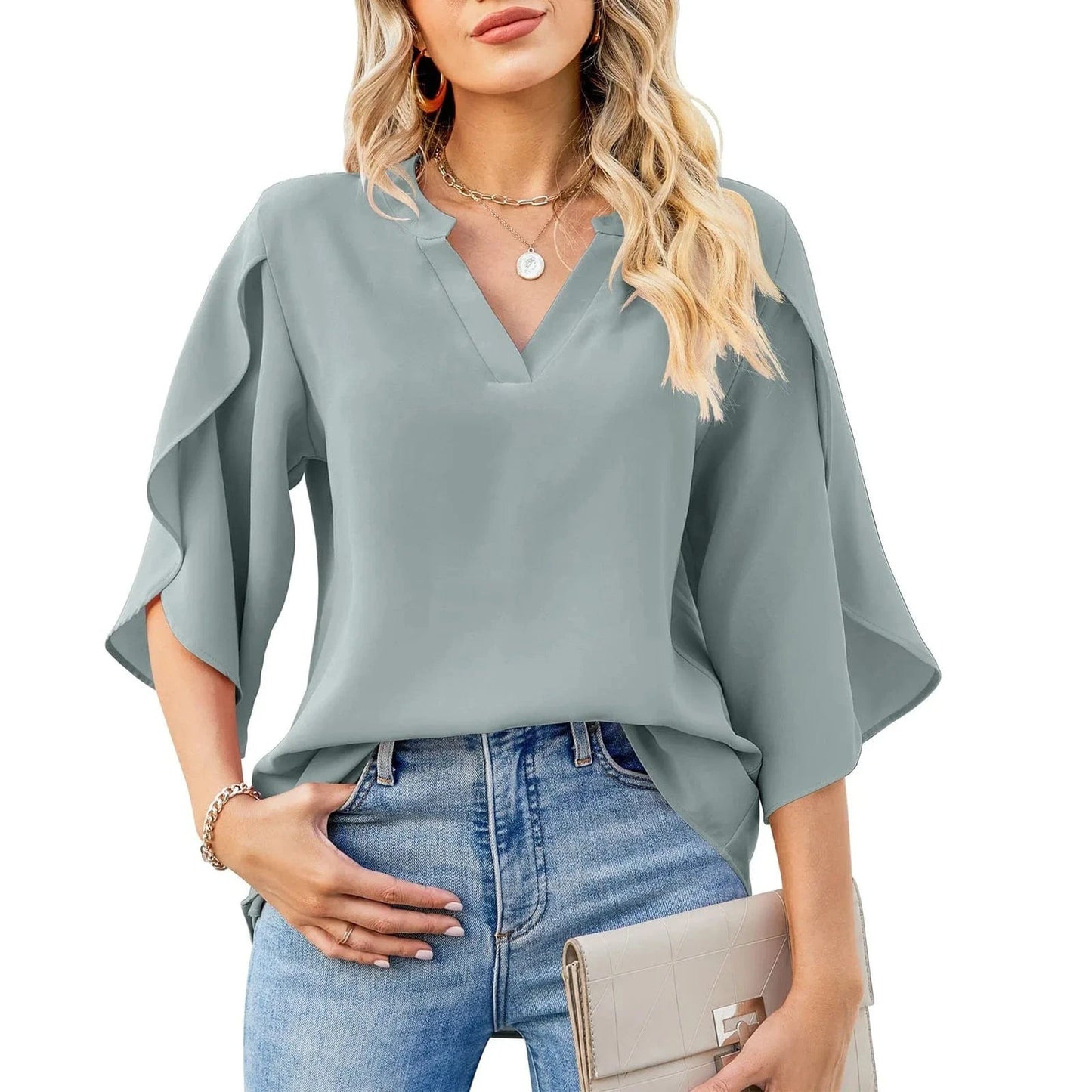 Summer New Women's Petal Sleeve Top Loose V-neck Chiffon Shirt Women's Solid Color Casual Office Shirt Blouse