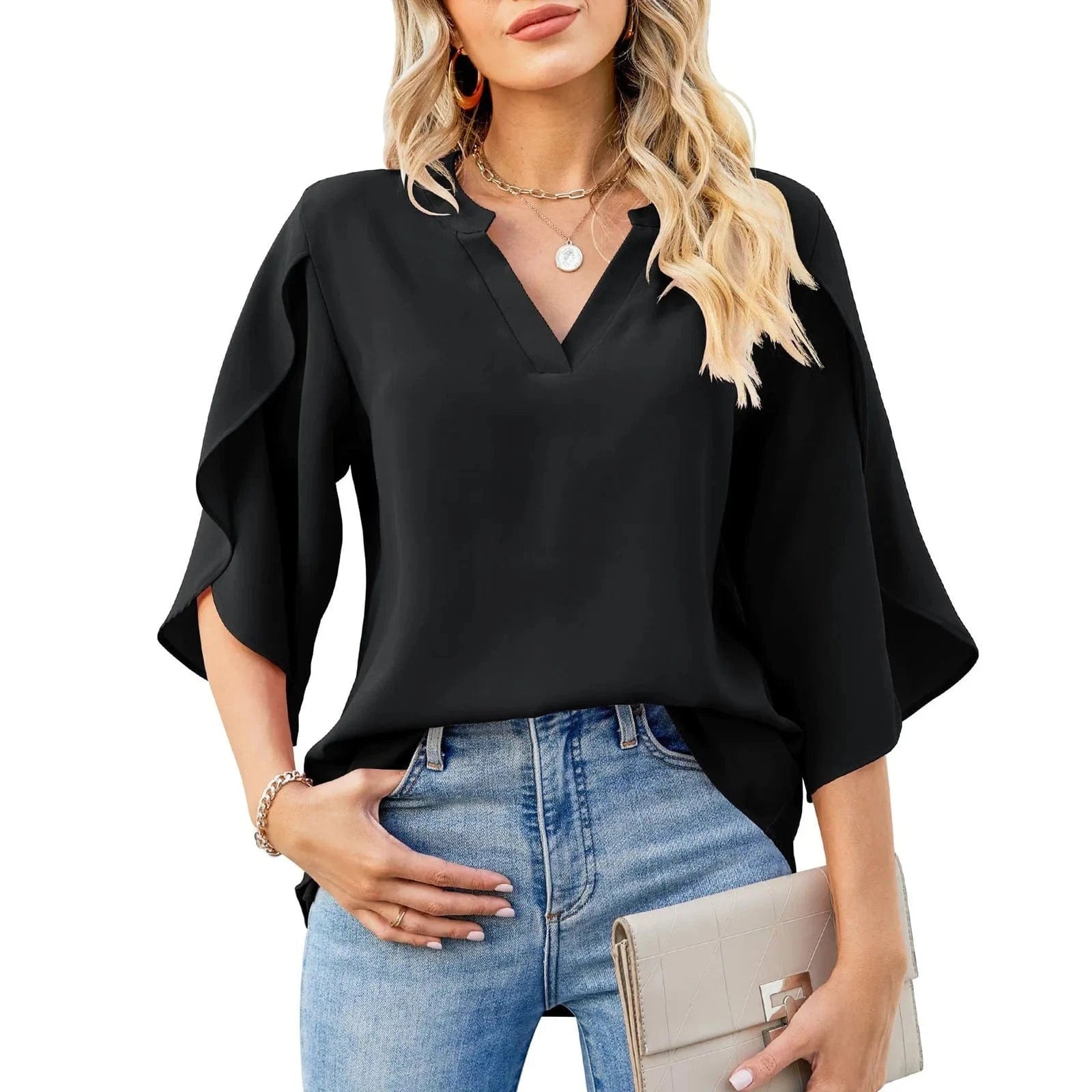 Summer New Women's Petal Sleeve Top Loose V-neck Chiffon Shirt Women's Solid Color Casual Office Shirt Blouse