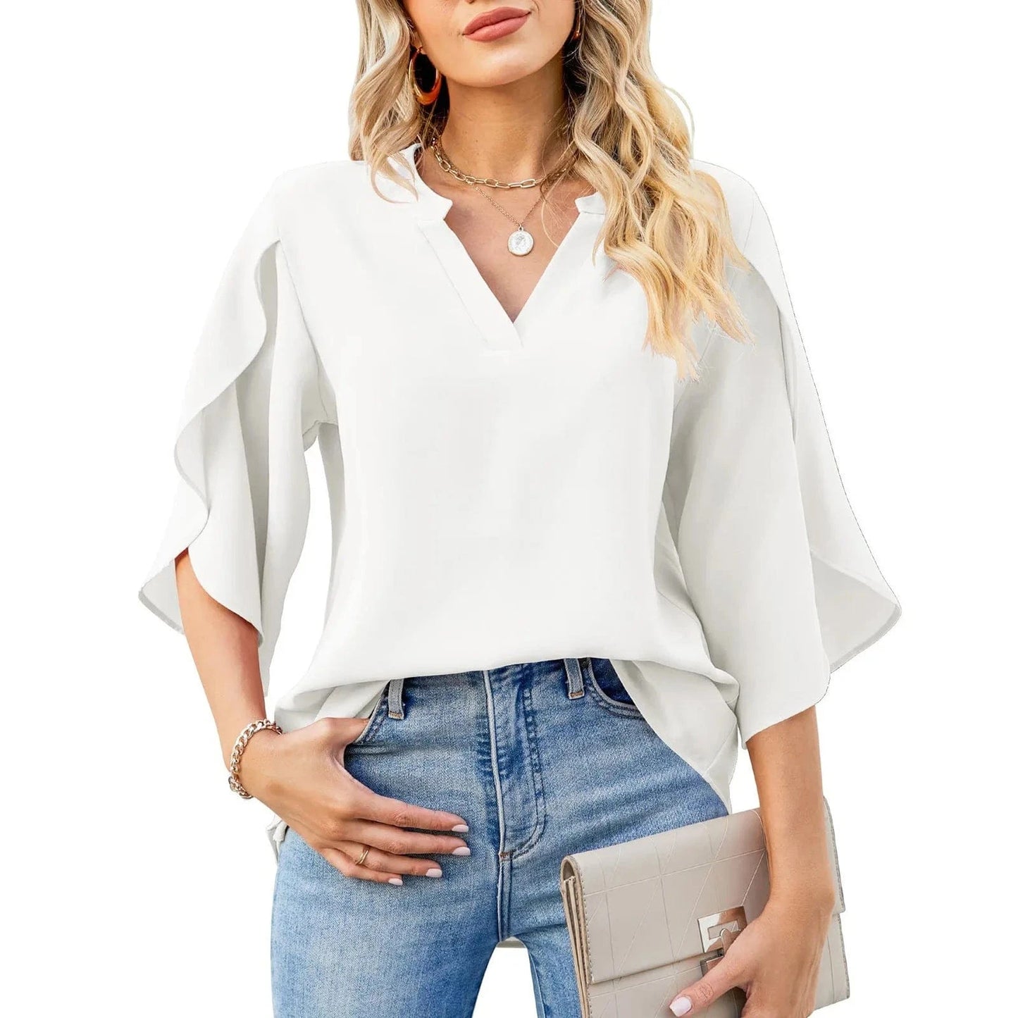 Summer New Women's Petal Sleeve Top Loose V-neck Chiffon Shirt Women's Solid Color Casual Office Shirt Blouse
