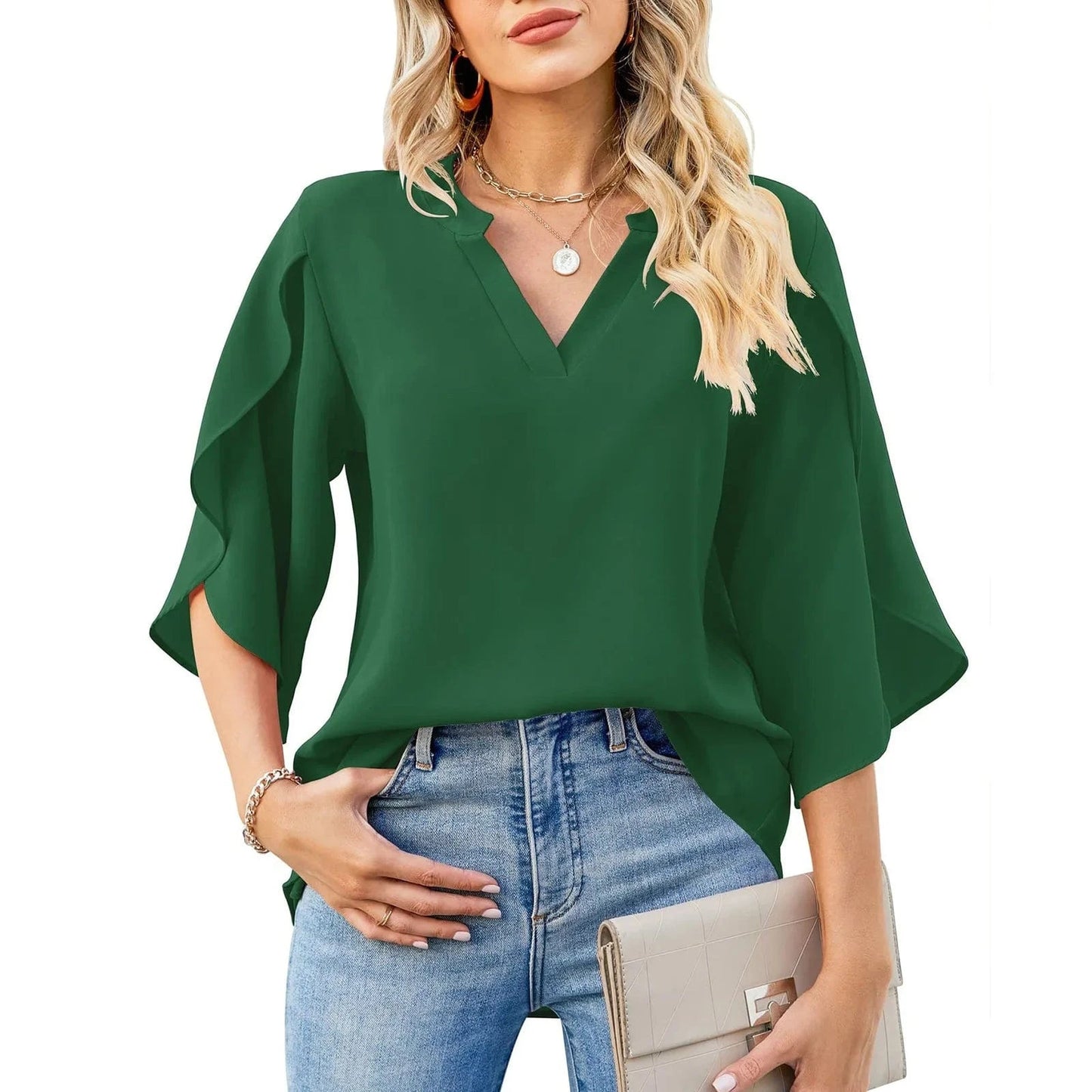 Summer New Women's Petal Sleeve Top Loose V-neck Chiffon Shirt Women's Solid Color Casual Office Shirt Blouse