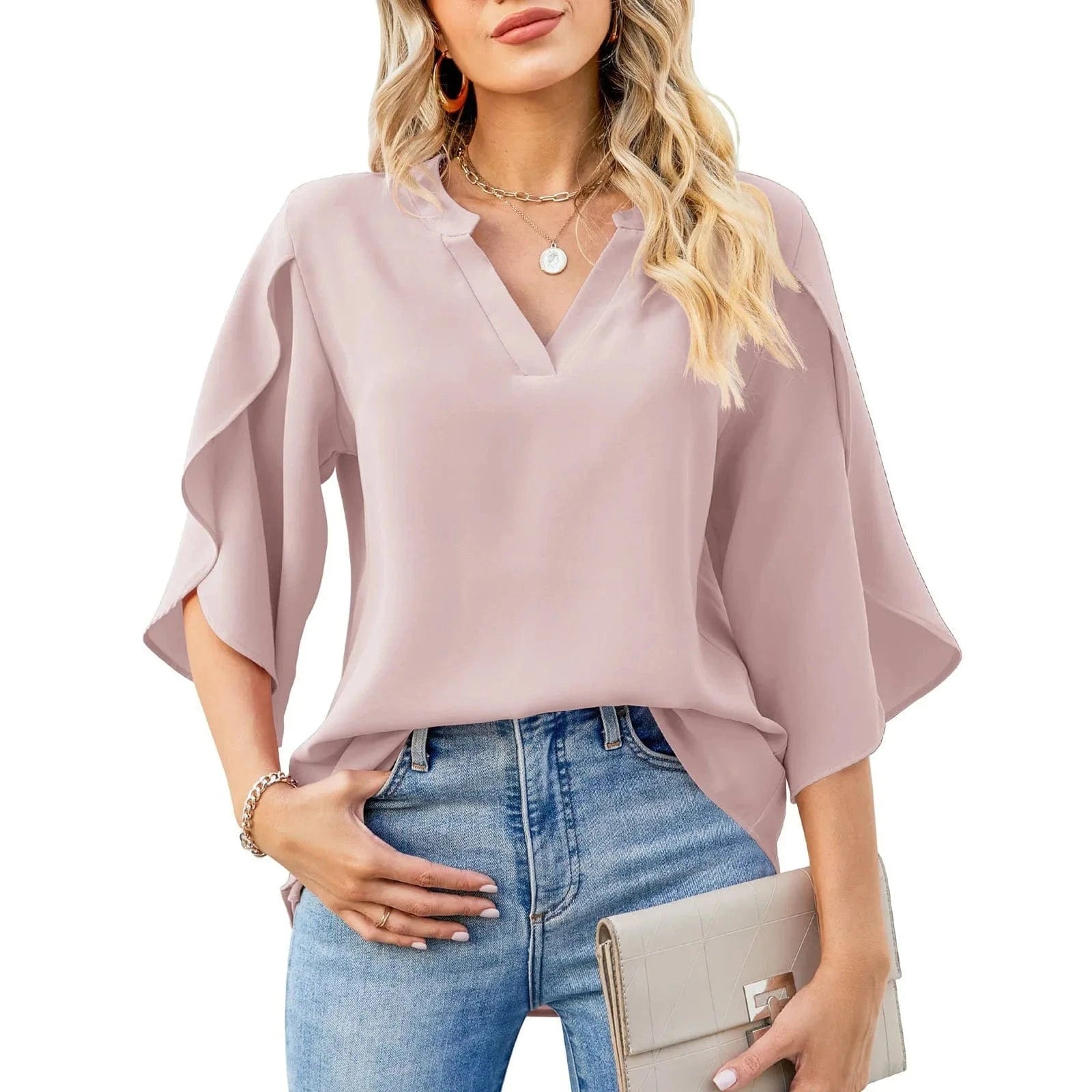 Summer New Women's Petal Sleeve Top Loose V-neck Chiffon Shirt Women's Solid Color Casual Office Shirt Blouse