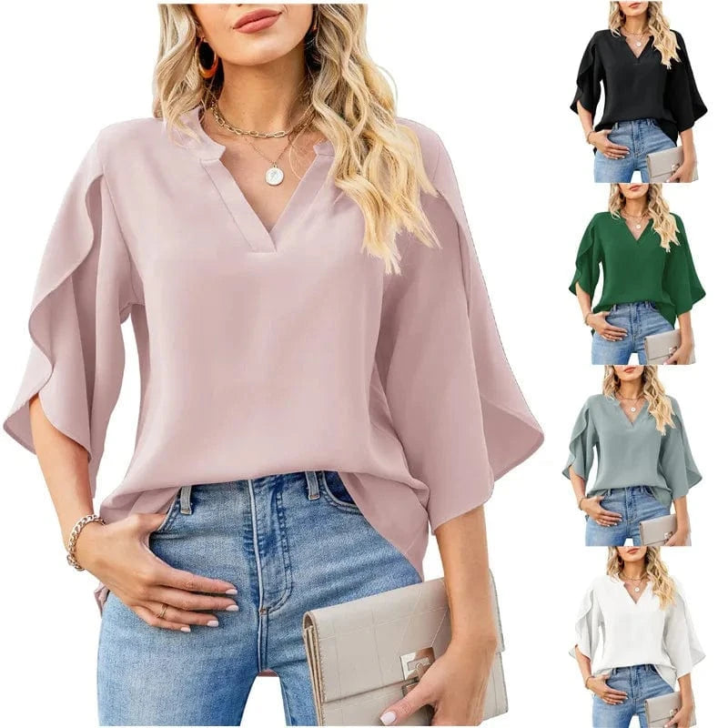 Summer New Women's Petal Sleeve Top Loose V-neck Chiffon Shirt Women's Solid Color Casual Office Shirt Blouse