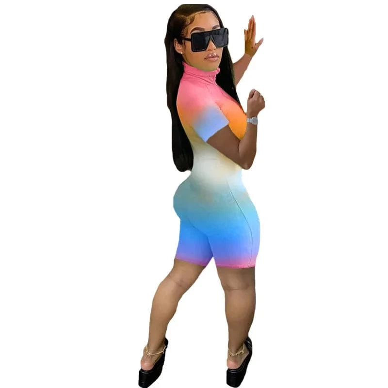 Summer Ombre Zipper Mid Waist Short Sleeve Ladies Rompers Sexy Bodycon Womens One Piece Ladies Jumpsuits