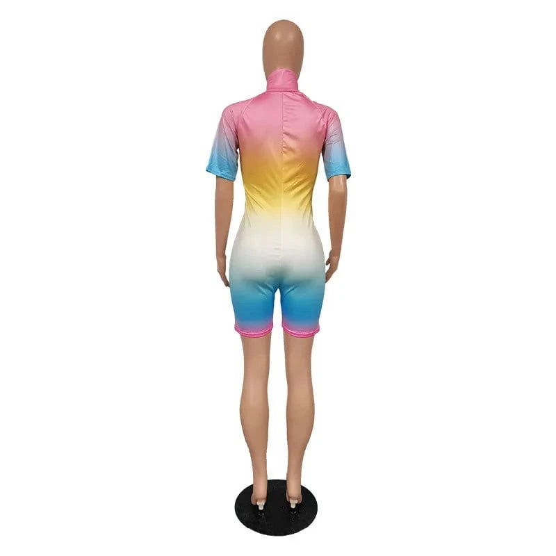 Summer Ombre Zipper Mid Waist Short Sleeve Ladies Rompers Sexy Bodycon Womens One Piece Ladies Jumpsuits