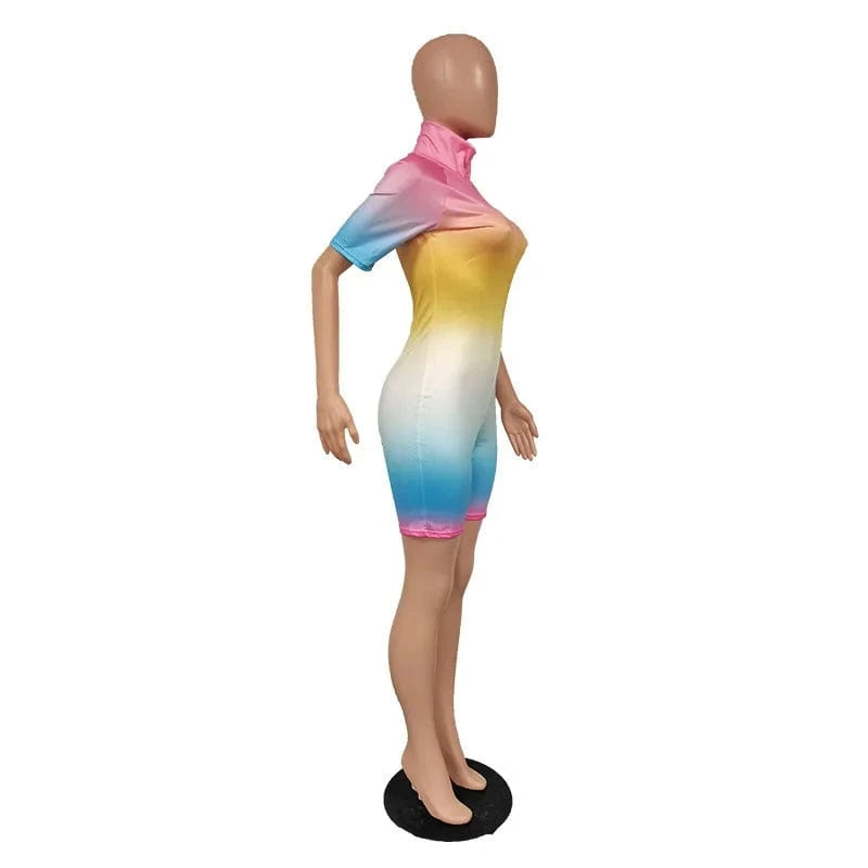 Summer Ombre Zipper Mid Waist Short Sleeve Ladies Rompers Sexy Bodycon Womens One Piece Ladies Jumpsuits