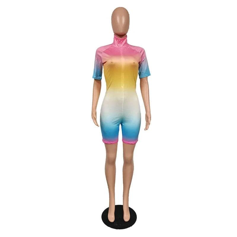 Summer Ombre Zipper Mid Waist Short Sleeve Ladies Rompers Sexy Bodycon Womens One Piece Ladies Jumpsuits