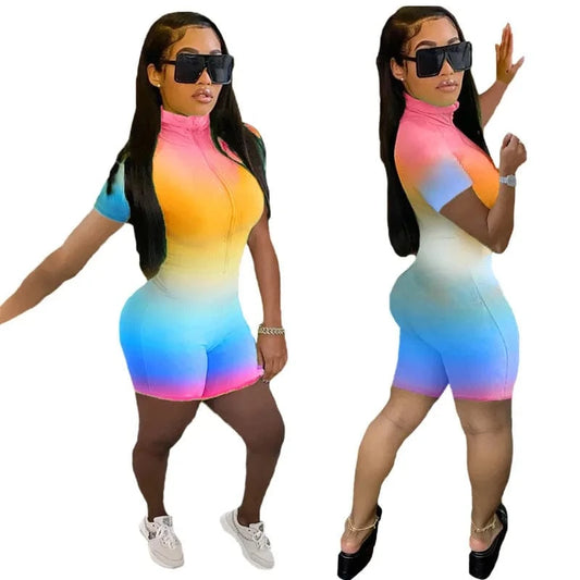 Summer Ombre Zipper Mid Waist Short Sleeve Ladies Rompers Sexy Bodycon Womens One Piece Ladies Jumpsuits