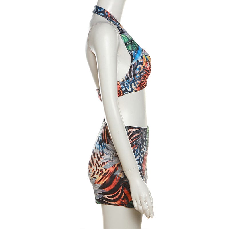 Summer Outfit Newest Floral Print Sexy Halter Crop Bralette Tops Women Matching Short 2 Two Piece Set