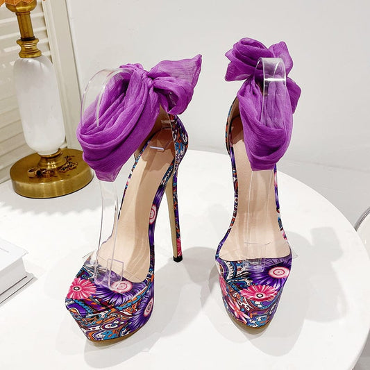 Summer PVC Platform Lace 2022 Fashion Narrow Band Butterfly-Knot Sandals Party Mixed Colors Rome Thin Heel 35-42 Women Shoes