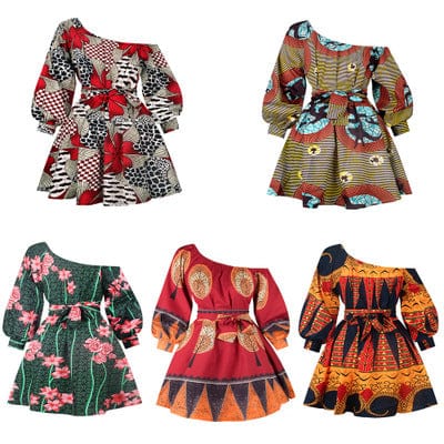 Summer S-XL hot sale two-wear sexy slanted shoulder elastic shrink dress short digital printing fluffy dress