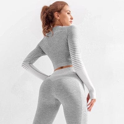 Summer Seamless Rib Yoga Set Sport Outfits Women Two 2 PCS Dry Fit Tight Long Sleeve Crop Top Leggings Workout Gym Suit Fitness