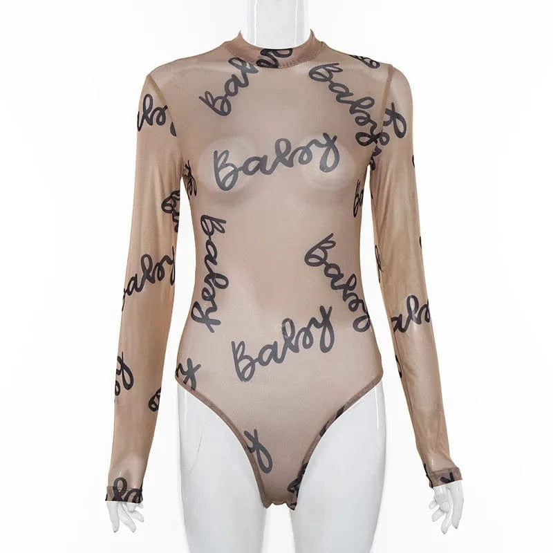 summer sexy fashion BABY letter print bodysuits for women Halterneck see through  mesh  long sleeve bodysuit