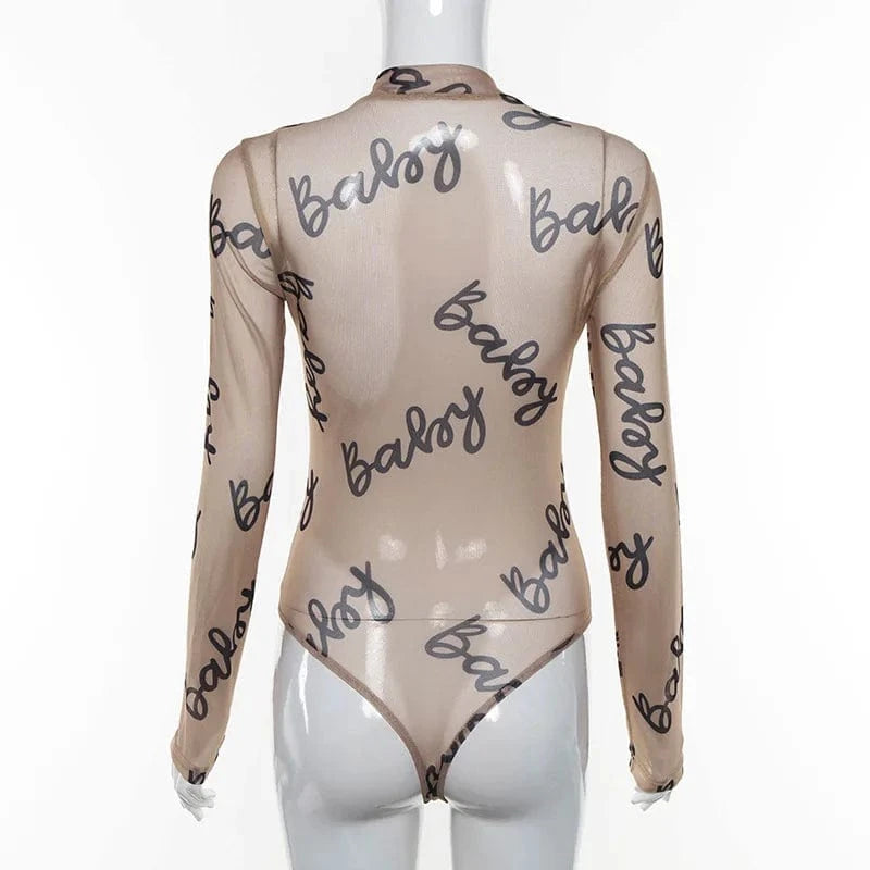 summer sexy fashion BABY letter print bodysuits for women Halterneck see through  mesh  long sleeve bodysuit