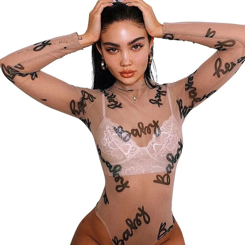 summer sexy fashion BABY letter print bodysuits for women Halterneck see through  mesh  long sleeve bodysuit