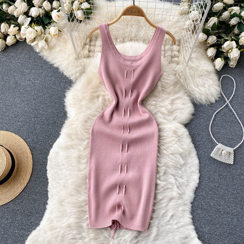 Summer Sexy V Neck Backless Thin Elastic Rib-Knit Drawstring Wrap Vest Dress Women Casual Chic Slim Bodycon Dresses Ladies