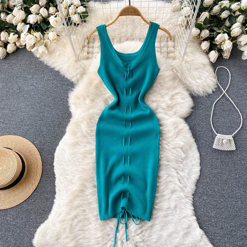 Summer Sexy V Neck Backless Thin Elastic Rib-Knit Drawstring Wrap Vest Dress Women Casual Chic Slim Bodycon Dresses Ladies